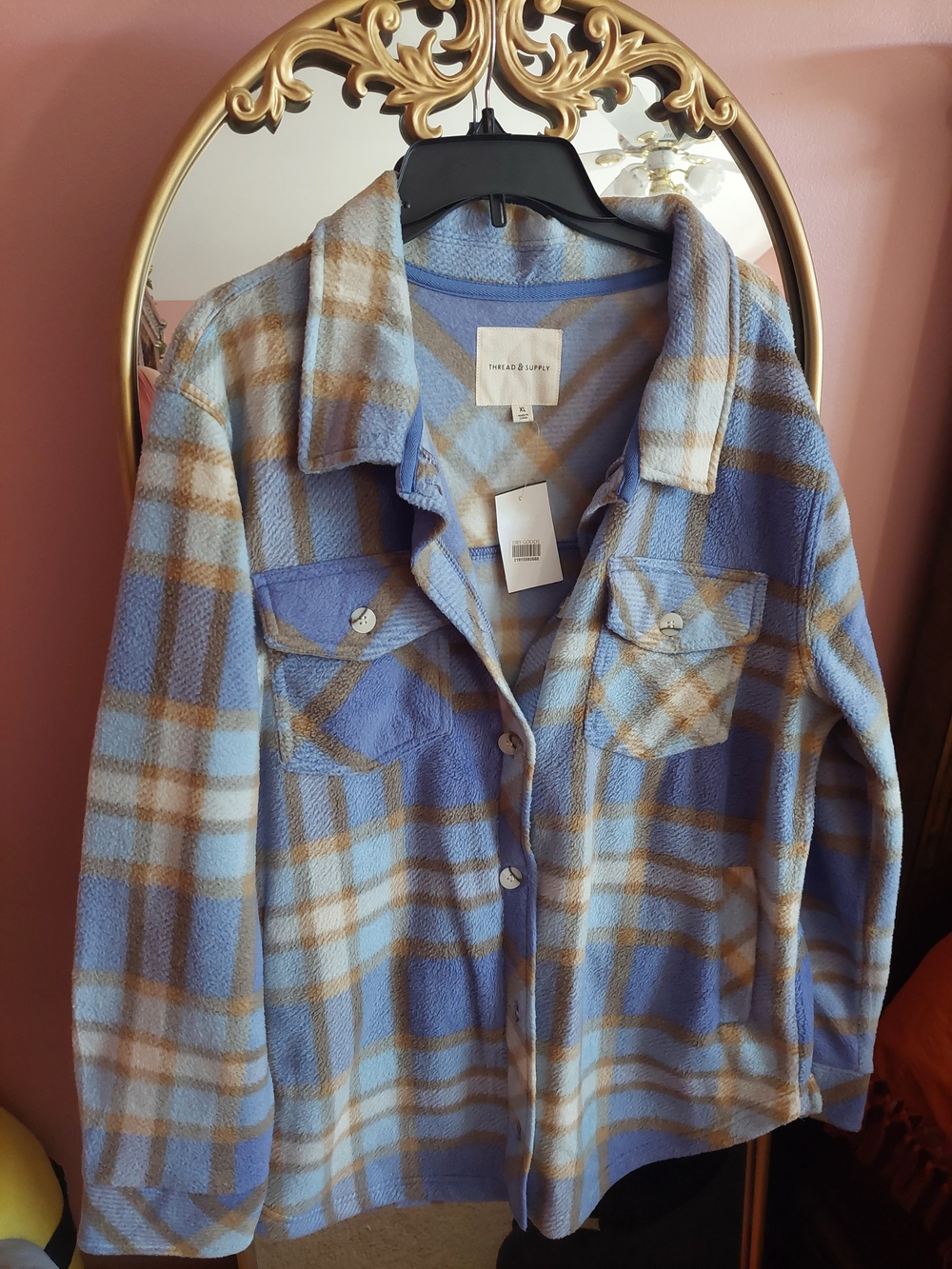 Thread & Supply Blue Plaid Fleece Shacket - Light Blue & Tan